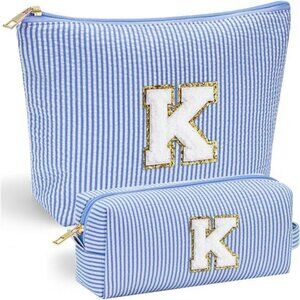 Blue Initial Makeup Bag for Girls Teen Travel Cosmetic Pouch Gift Organizer